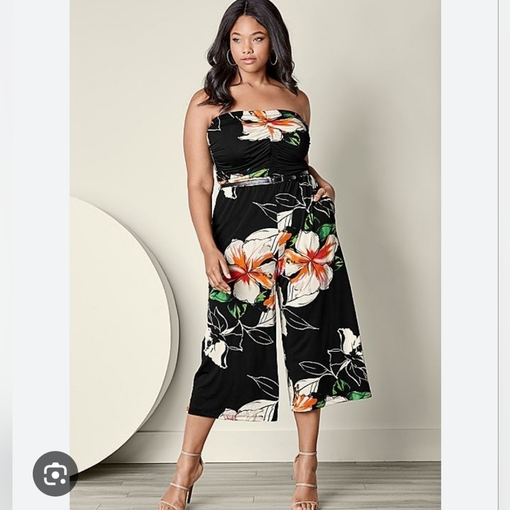 Venus Black Orange Pink Floral Strapless Jumpsuit Wide Leg Stretch Womens Sz S